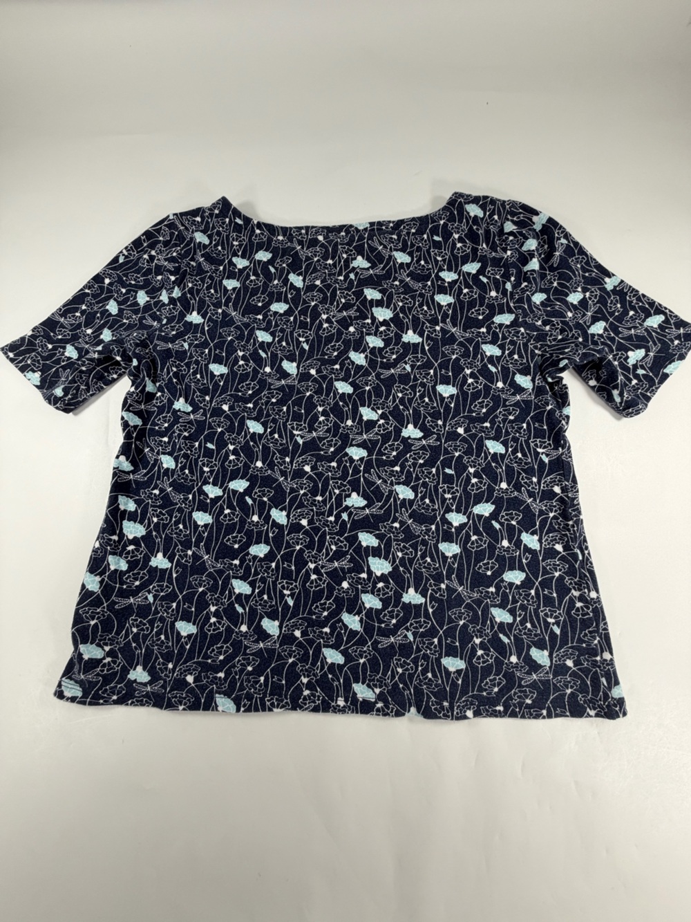 Charter Club Pima Cotton Floral Tee Medium Navy Blue Soft Dragonfly Short Sleeve